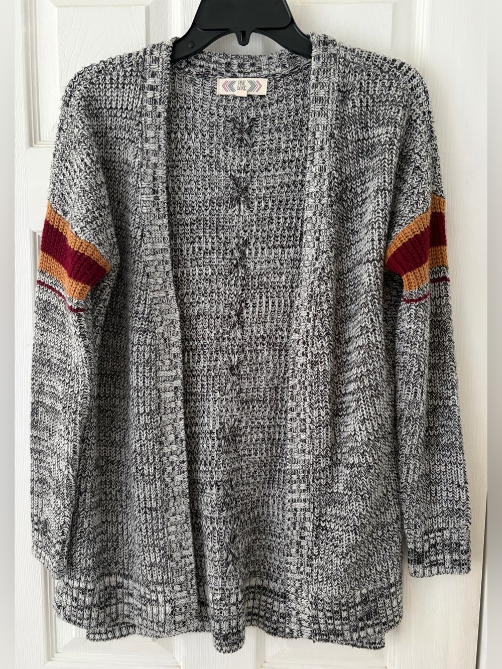 Pink Rose Gray Marled Open-Front Cardigan with Burgundy and Mustard Stripes